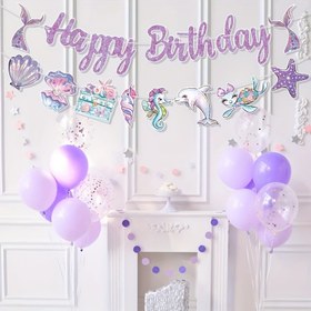 Resim 1 Set Mor Denizkızı Mutlu Doğum Günü Kağıt Bayrak - Seahorse, Yıldız Balığı ve Daha Fazlası ile Eğlenceli Deniz Altı Parti Dekoru, İç Mekan Kutlamaları ve Doğum Günü Parti Malzemeleri için Mükemmel, Denizkızı Parti Dekorasyonları 