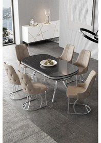 Resim Canisa Epal Serisi 90x168 Lak Panel Siyah Mermer Desen Krom Ayaklı Masa Takımı Ve 6 Cappucino Sandalye Masa Siyah Mermer Desen Sandalye Cappucino 
