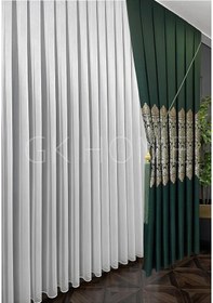 Resim Pano Fon Perde Zümrüt Yeşili Damask Çiçek Desenli Fon Perde Sık Pile 1/3 Tek Kanat Zümrüt Yeşili 