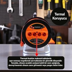 Resim AyrStore Makaralı Uzatma Kablosu 3x2.5 mm 20 Metre Plastik Seyyar Makara 4 Prizli Monofaze Termal Sigortalı 