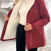 Resim Kadın Ağır Hizmet Tipi Kışlık Mont - Tam Fermuarlı, Kapüşonlu Yakalı ve İpli Belli Kalın Yalıtımlı Ceket - Bordo/Kırmızı/ - Makinede Yıkanabilir 