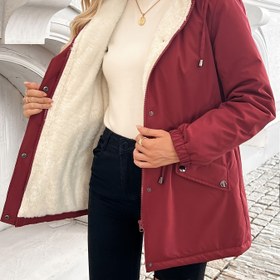 Resim Kadın Ağır Hizmet Tipi Kışlık Mont - Tam Fermuarlı, Kapüşonlu Yakalı ve İpli Belli Kalın Yalıtımlı Ceket - Bordo/Kırmızı/ - Makinede Yıkanabilir 
