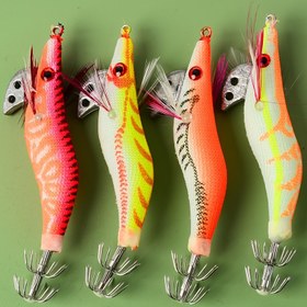 Resim 4 Adet Işıltılı Mürekkep Balığı Jig Balıkçılık Yemleri - 7.98cm Ahşap Karides Mürekkep Balığı Jigleri Gerçekçi Renk Desenleri, ABS Malzeme, Karışık Renkler (Turuncu, Sarı-Turuncu, Kırmızı-Turuncu, Yeşil-Sarı) Etkili Gece Balıkçılığı İçin, Balıkçılık Yemi 