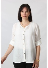 Resim Moda Berray Bb-0269 Keten Kolu Apoletli Sıfır Yaka Büyük Beden Beyaz Gömlek Beyaz 