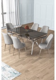 Resim Canisa Prah Serisi 90x160 Lak Panel Antrasit Ironi Krom Ayak Masa Takımı 6 Gri Sandalye Antrasit İroni Masa Gri Sandalye 