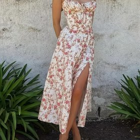 Resim Kadınlar İçin Çiçek Desenli Maxi Elbise - Sırt Bağlamalı Spagetti Askılı Plaj Elbisesi, Akıcı A Kesim Uzun Gündelik Resmi Kıyafet (Makinede Yıkanabilir) - İlkbahar/Yaz Modası, Hafif Kumaş 