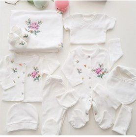 Resim Eda Baby Kız Bebek Gül Nakışlı Kaneviçeli 10'lu Hastane Çıkışı 10 Kırık Beyaz 