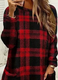 Resim Kadın Uzun Kollu Yarı Balıkçı Yakalı Cep Detaylı Ekoseli Dokuma Tunik - Desenli / 2XL-3XL 