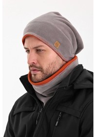 Resim Erkek Polar Dış Kaşkorse Pamuklu İç Kısım Çift Renk Çift Katman Katlanabilir Bere Boyunluk Takım - Standart / Gri-kiremit Gri-kiremit 