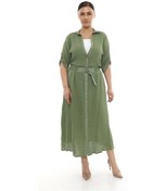 Resim Büyük Beden Kadın Astarlı Müslin Kumaş Düğmeli Cepli Uzun Etek Haki 