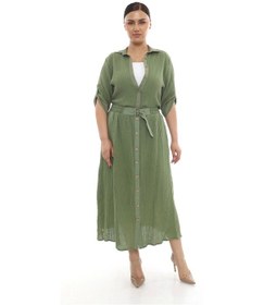 Resim Büyük Beden Kadın Astarlı Müslin Kumaş Düğmeli Cepli Uzun Etek Haki 