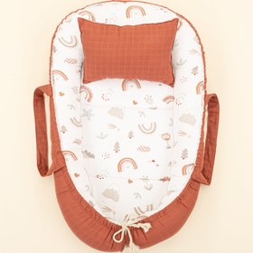 Resim Babynest ve Yastık- Çift Taraflı - Koyu Kiremit Muslin - Kahverengi Gökkuşağı 
