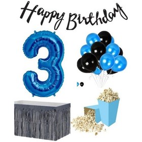 Resim 3 Yaş Mavi-siyah Balon Rakam Folyo Banner Mısır Kutusu Masa Eteği 