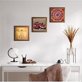 Resim Pinecone Mandala, Leonardo da Vinci Vitruvius Adamı, Nar Taş Duvar Tablosu - Ahşap Çerçeveli Taş Tablo - 25x25 cm - 3 Parça Set - Dekoratif Duvar Sanatı - Modern Ev ve Ofis Duvar Dekoru W3-1384 