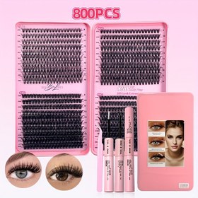 Resim DIY Tek Küme Sıcak Eritme Sahte Kirpikler, 800/280/200 adet Karışık Uzunluklar 9-18mm -30/40/50/60D Hacim - Doğal Kalın Yapışkanlı Kirpikleri Taklit Edin, Seyahat Etken Kolay Kullanım, Çift Başlı Yapıştırıcı + Cımbız, Birden Fazla Kez Yeniden Kullanılabilir 