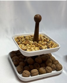 Resim Aless 2 Katlı Ahşap Kulplu Seramik Sunumluk Çerezlik Meyvelik 