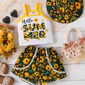 Resim Kızlar için 3 adet Çiçek Desenli Yazlık Kıyafet - 'Merhaba Güneş' Tasarımıyla Straplez Üst, Sarı ve Siyah Güneş Çiçekleriyle Kısa Şort ve Çiçekli Şapka - Dış Mekan Aktiviteleri ve Dış Mekan Oyun Kıyafetleri için Mükemmel | Oynak Desenli Üst | Esnek Kumaş 