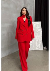 Resim Kadın İkili Blazer Ceket Pantolon Takım Aksesuar Ve Düğme Detaylı Bol Paça Kırmızı 