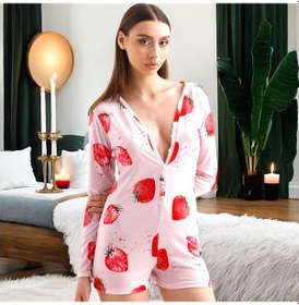 Resim Eğlenceli Çilek Desenli Pijama Tulum - Pembe Renk Ev Giyim Düğme Kapama Çilek Çok Renkli 