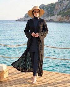 Resim Trend Kapında Yazlık Ajurlu Uzun Önü Açık Triko Kimono Kaftan, Plaj Giyim 
