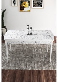 Resim Canisa Kor Serisi 70x114 Açılabilir Mutfak Masası Takımı Beyaz Mermer Desen Masa 4 Lacivert Sandalye Masa Beyaz Mermer Desenli Sandalyeler Lacivert 