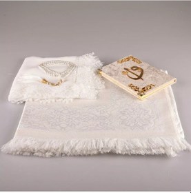 Resim Şal + Seccade + Tesbih + Yasin Hediye Seti Çanta Boy, Elifvav, Raşel Cilt, Krem 