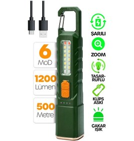 Resim Şarjlı El Feneri 6 Mod Karabina Askılı Çakarlı Cob Led Kamp Lambası Acil Durum Işığı Yeşil 7170 Yeşil 