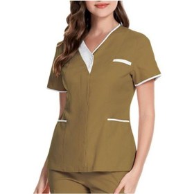 Resim Haki V Yaka Kısa Kollu Hastane Hemşiresi Üstleri Patchwork Renkli Cepler Düğmeler Yaka Üstleri Diş Cerrahisi Üstleri İş Kıyafeti 