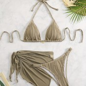 Resim Kadınlar için Düz Renkli Piliseli Kumaşlı Bikini Takımı ve Sarma Etekli Seksi Üç Parçalı Yazlık Moda Seti 