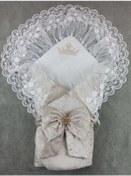 Resim Yenidoğan Saray Kadife Taç Nakışlı İnci Fiyonklu Çift Dantel Duvak Trilüks Kundak Bebek Battaniyesi Vizon-ekru Çok Renkli 