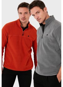 Resim Buratti Slim Fit Anti-Pilling Tüylenme Yapmayan Bato Yaka Şardonlu 2'Li Paket Erkek Polar 5906001S2 Gri-Oranj 