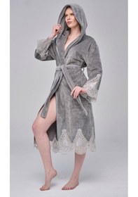 Resim Dantelli Zarif Şık Bambu Pamuk Bornoz Gri 