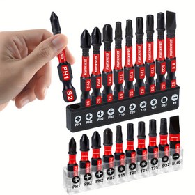 Resim 20, 21 adetlik Karışık Vidalama Çubuğu Seti, 25Mm (PH1, PH2, PH3, T15, T20, T25, T25, SQ2, SL#8) Şeffaf Tabanlı, 50Mm (PH1, PH2, PH3, T15, T20, T25, T25, SQ2, SL#8) Siyah Tabanlı 