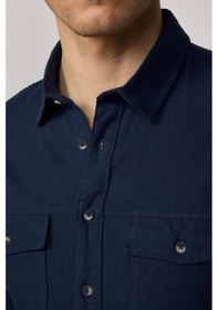 Resim Tudors Erkek Slim Fit Dar Kesim Uzun Kollu %100 Pamuk Keten Doku Çift Cep Spor Yaka Lacivert Gömlek-29634 Lacivert 