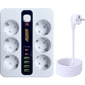 Resim Akım Korumalı 6'lı Grup Priz 4 Usb'li ve 2 Type-C Li 6'lı Grup Priz 2 M Kablo Çocuk Korumalı 