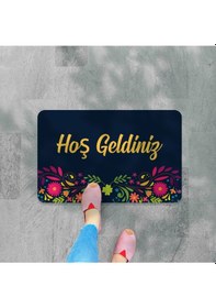 Resim Kopya - Hoş Geldiniz Yazılır Dekoratif Dış Kapı Önü Ve Iç Mekan Paspası Yıkanabilir Lacivert 