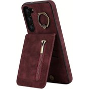 Resim Gaojunshop01 Samsung Galaxy Uyumlu S23+ Kırmızı Yapay Deri Kapak Fermuarlı Halka Kartlık 