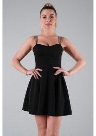 Resim Feminist Siyah İnce Askılı Sırt Dekolteli V Yaka Kloş Abiye Elbise & Mezuniyet Elbisesi 0104026.01 Siyah 