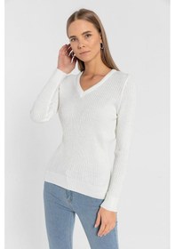 Resim Miss Poem Kadın V Yaka Slim Fit Fitilli Uzun Kışlık Ekru Triko Kazak Ekru 