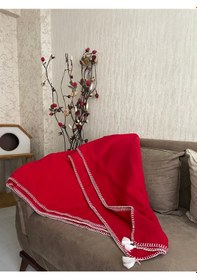 Resim Püsküllü Çoban Dikişli Tek Kişilik Polar Battaniye 150x180 Cm Kırmızı 