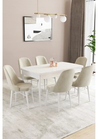 Resim Sar Pakete Almira Serisi, Beyaz 80x132 Açılabilir Mdf Mutfak Masası Takımı 6 Adet Sandalye Krem 