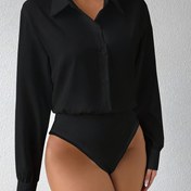 Resim Kadınlar İçin Şık Uzun Kollu Gömlek Bodysuit - Düz Renkli Klasik Yaka Düğmeli Bluz, Kesim Ofis & Günlük Giyim için Esnek Olmayan, Makinede Yıkanabilir Her Mevsime Uygun Çok Yönlü Üst, Profesyonel Kıyafet, Saydam Olmayan Kumaş 