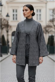 Resim Aişe tesettür Antrasit Kırçıllı Önü Bağlamalı Kimono Tunik / Likralı Ütü İstemez Kumaş 