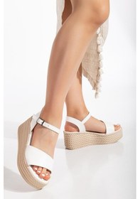 Resim Baretli Kalın Tekbant Beyaz Kadın Dolgu Topuklu Sandalet-2972-beyaz Beyaz 