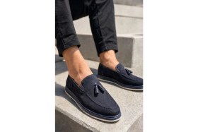 Resim Zueofficial Erkek %100 Süet Deri Lacivert Püsküllü Loafer Ayakkabı - Şık & Günlük Kullanım 