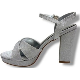 Resim Erbay 308-26 Simli Saten Çapraz Bant Kalın Topuk Kadın Sandalet 11cm Gümüş 