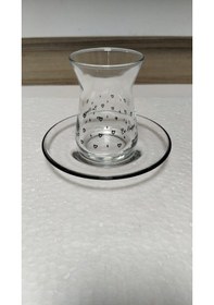 Resim Rak Le Cam Kalp Dekorlu Tabaklı 4 Kişilik 8 Parça Çay Bardak Seti - 132 Cc Şeffaf 