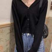 Resim Şık Gri Desenli Kadınlar İçin V Yaka Kardigan Kazak - Yumuşak Polyester Örgü, Düğmeli Ön, Uzun Kollu, İlkbahar/Yaz/Sonbahar için Çok Amaçlı Şal veya Dış Giyim, İnce Kesim Tasarım, Pürüzsüz Kumaş, Örgü Kazak 