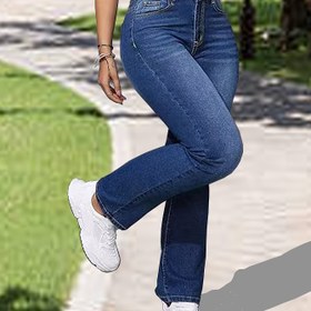 Resim Kadınların Yüksek Bel Düz Bacaklı Kot Pantolonları - Esnek Mavi Kot, Fermuarlı Uç, Günlük Tüm Mevsim Pantolonları, Günlük Giyim Kot Pantolonları | Düz Bacaklı Kot Pantolonları | Esnek Kumaş 