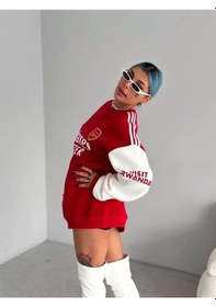 Resim Kadın Bisiklet Yaka Kolu Şeritli Nakışlı Sweatshirt - Kırmızı 